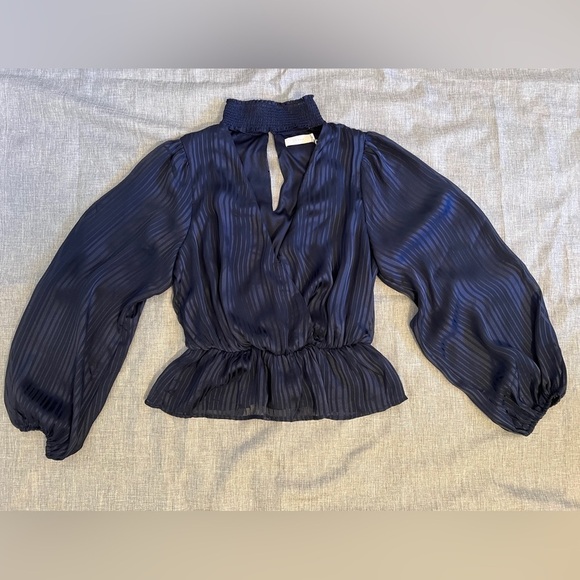 Lush Deep V Mock Neck Striped Peplum Long Balloon Sleeve Wrap Top Navy - Picture 3 of 11